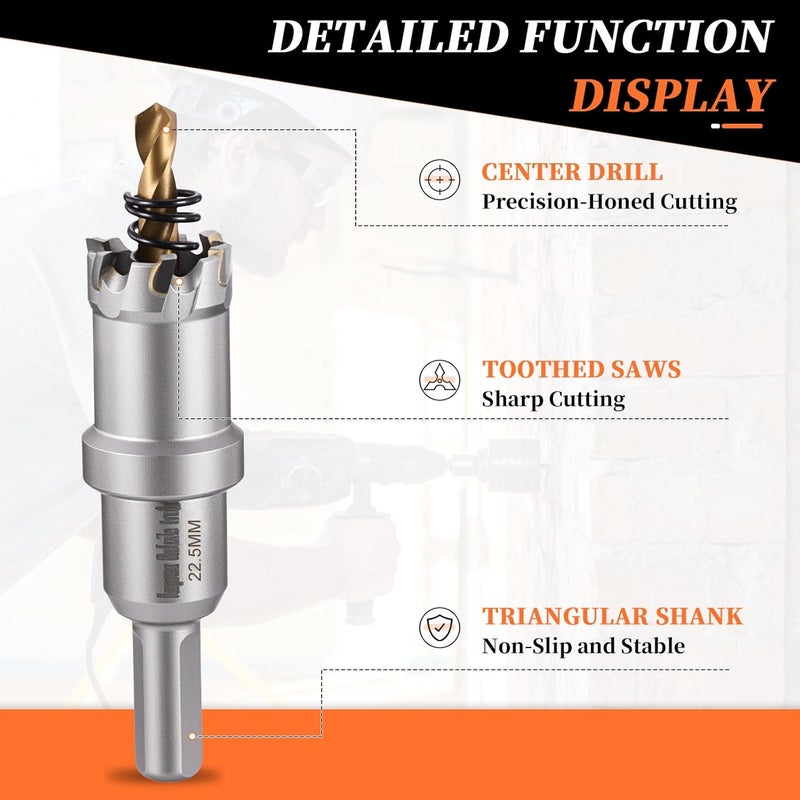 METALLIXITY Hole Saw 22.5mm (7/8"), Heavy Duty Tungsten Carbide with Center Drill Bit Hex Key Spring - Hole Cutters for Thick Stainless Steel Steel Metal Plates. Silver - Image 3